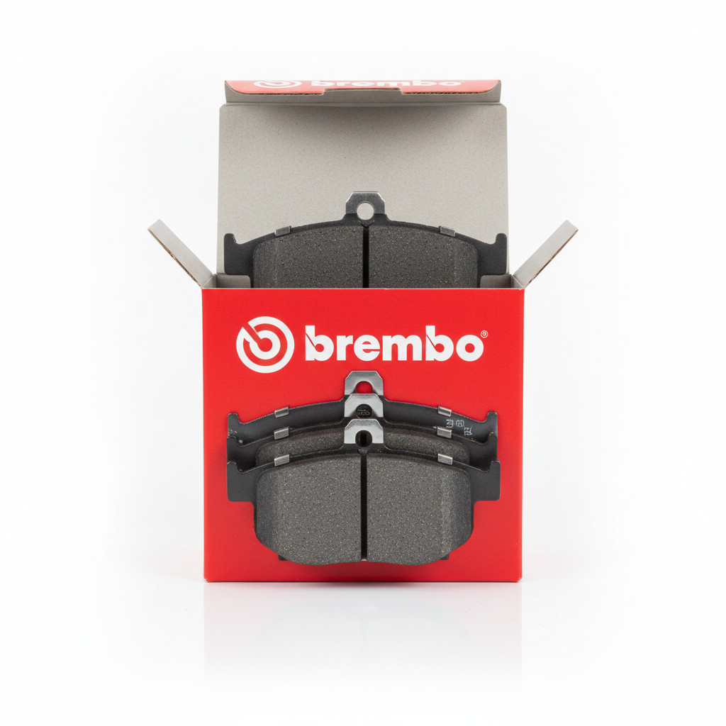 Brembo brake pad set in red packaging on dark background