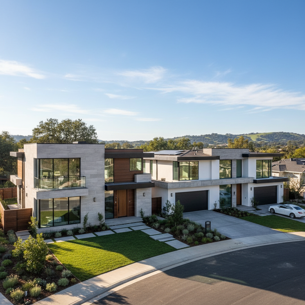 Modern luxury home exterior with large windows and manicured landscaping, bright sunny day