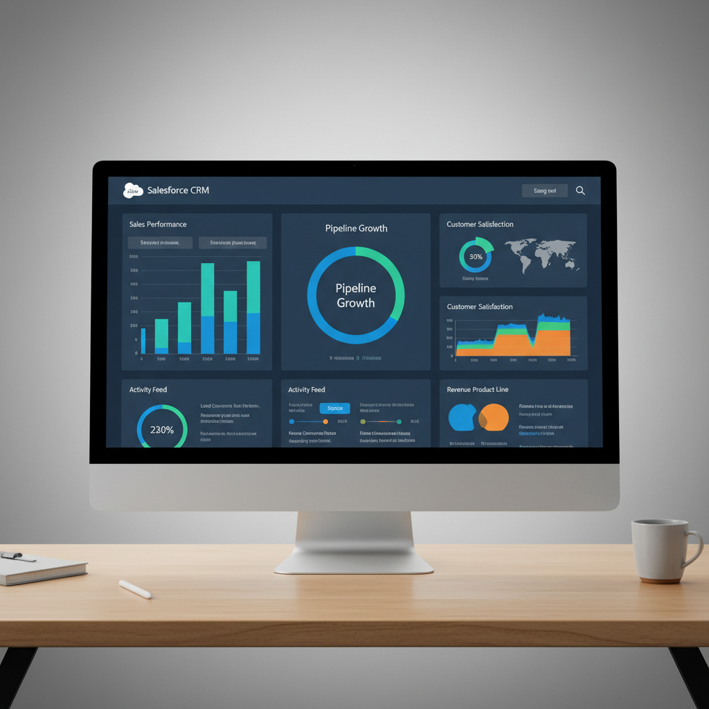 CRM dashboard on laptop screen showing charts and customer data in bright modern office