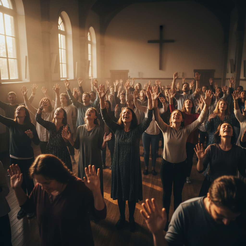 Hands raised in prayer in dimly lit sanctuary with atmospheric warm amber light from above