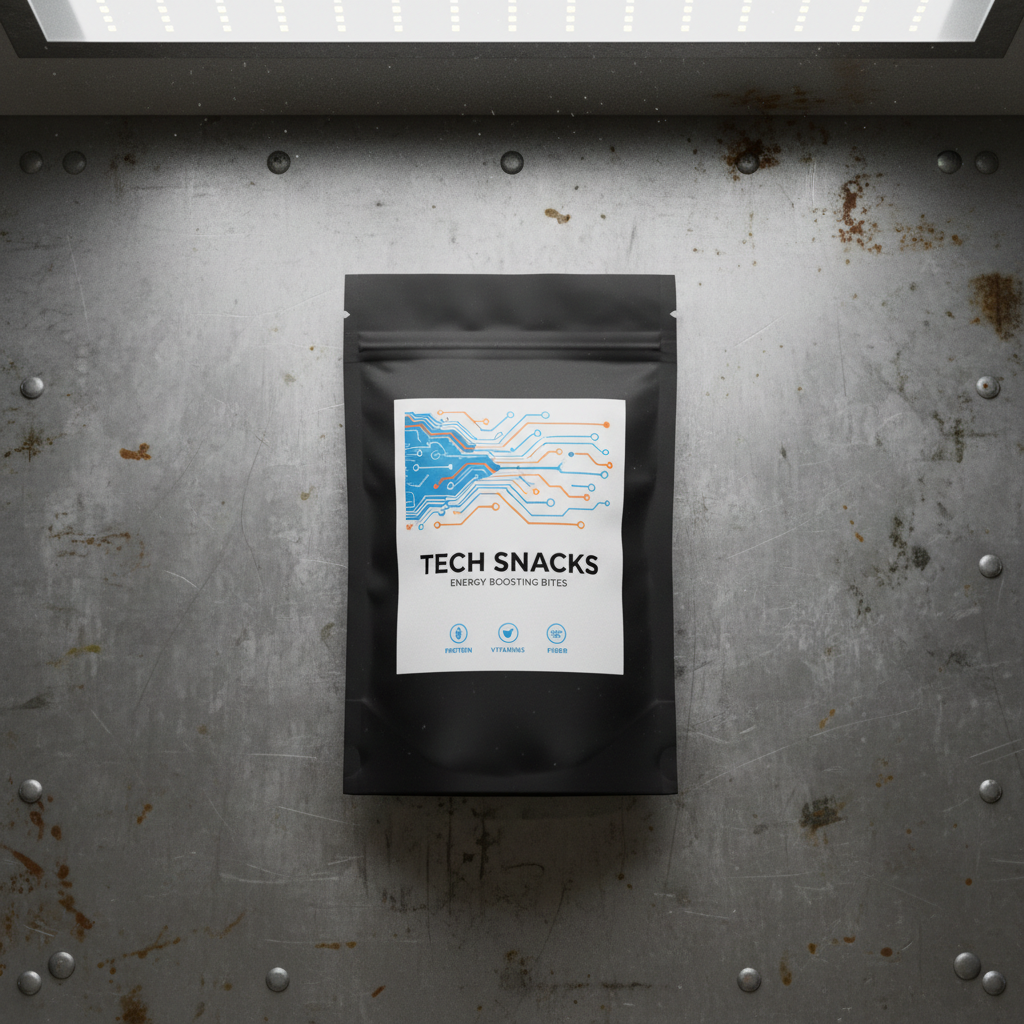 Three side seal flat pouch packaging in industrial setting with printed label design