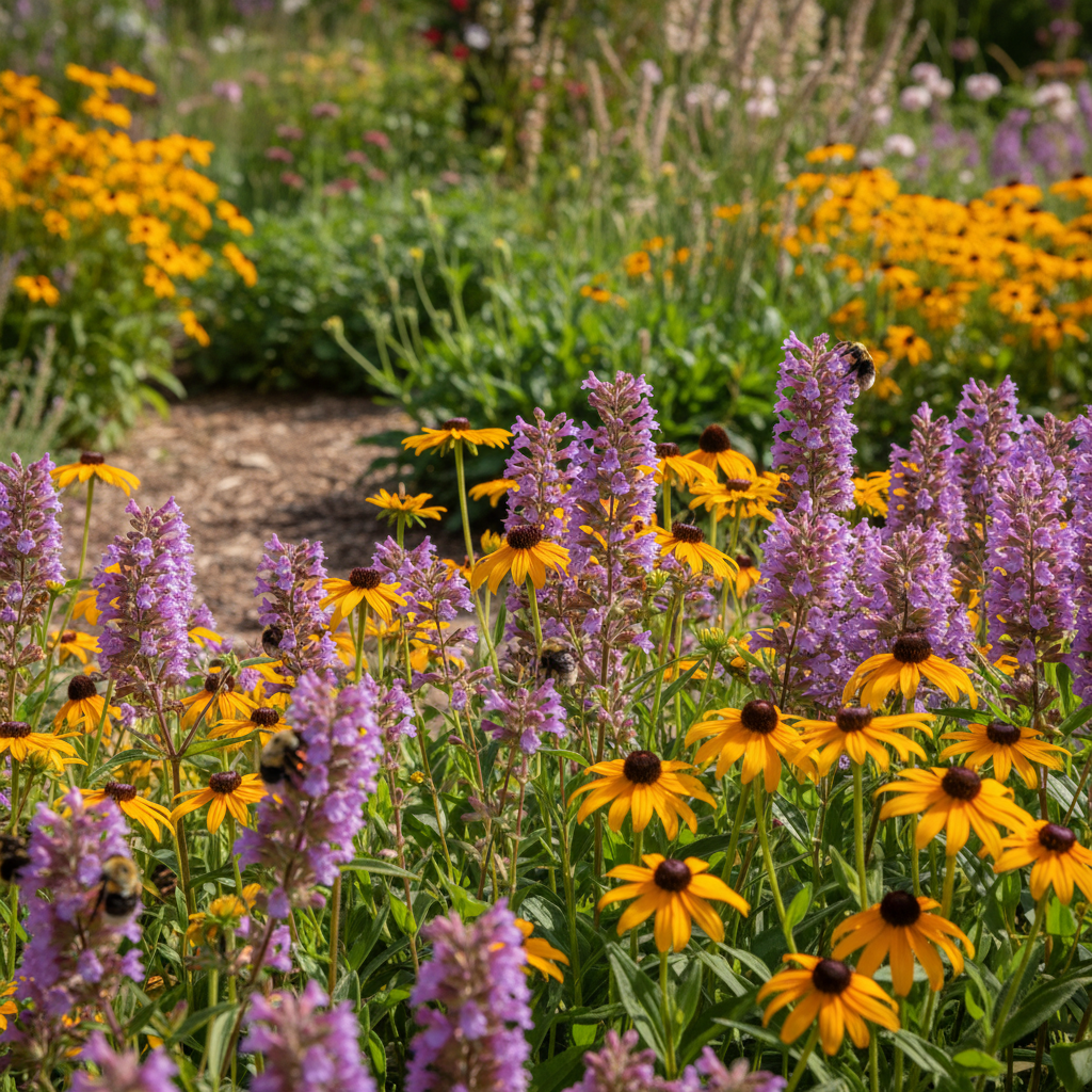 Native plant pollinator garden with penstemon and rudbeckia attracting bumblebees