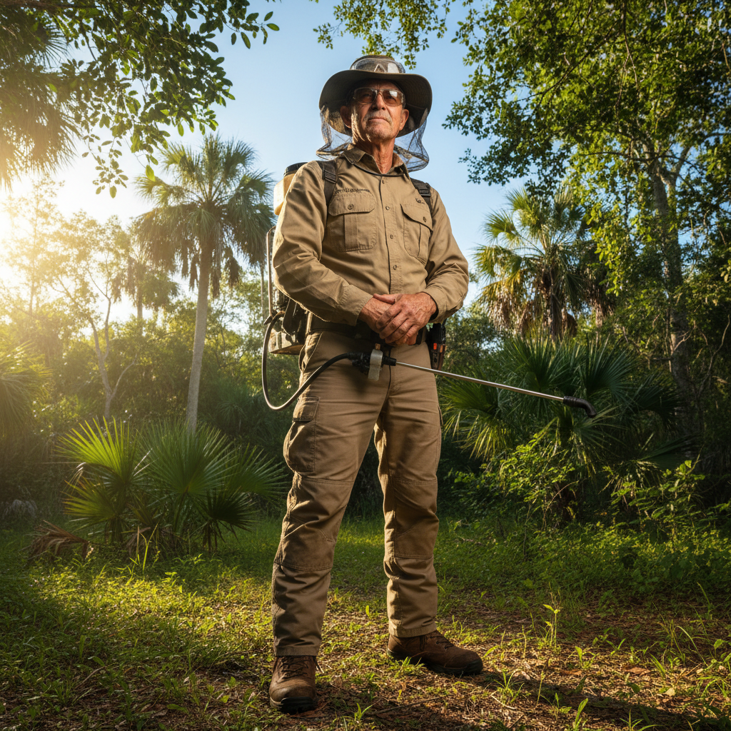 Tom Whitfield, senior mosquito control specialist with calm experienced demeanor outdoors