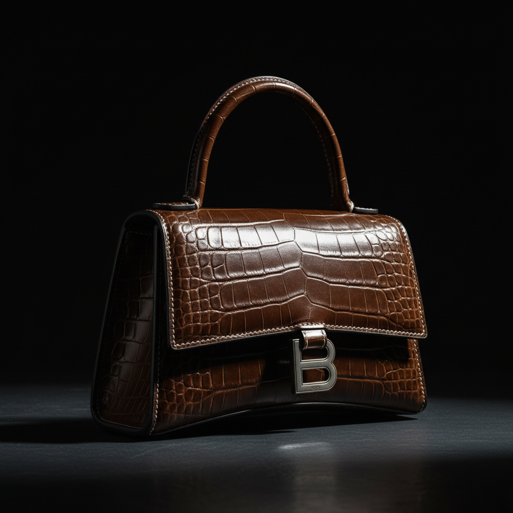 Luxury leather handbag on dark background with dramatic lighting