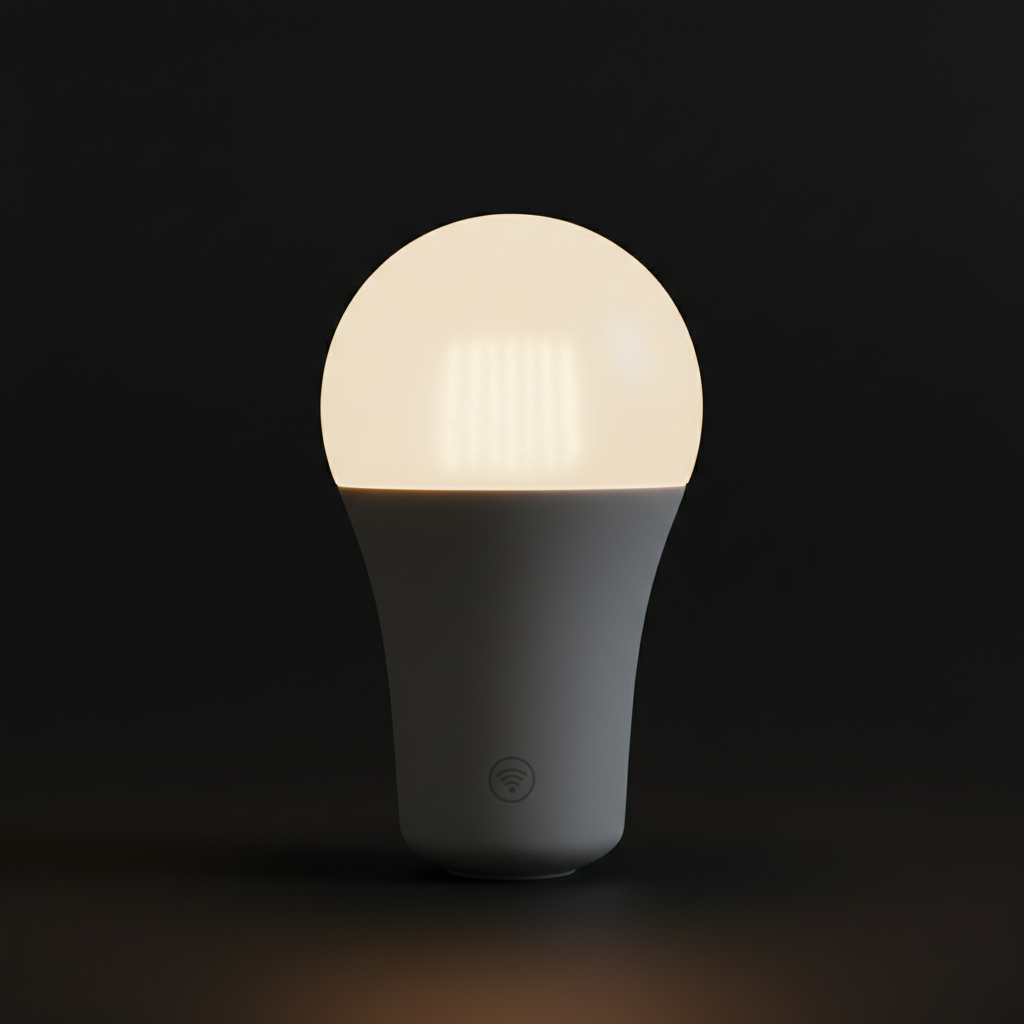 Smart LED bulbs glowing warm white, product display on neutral background, minimal photography