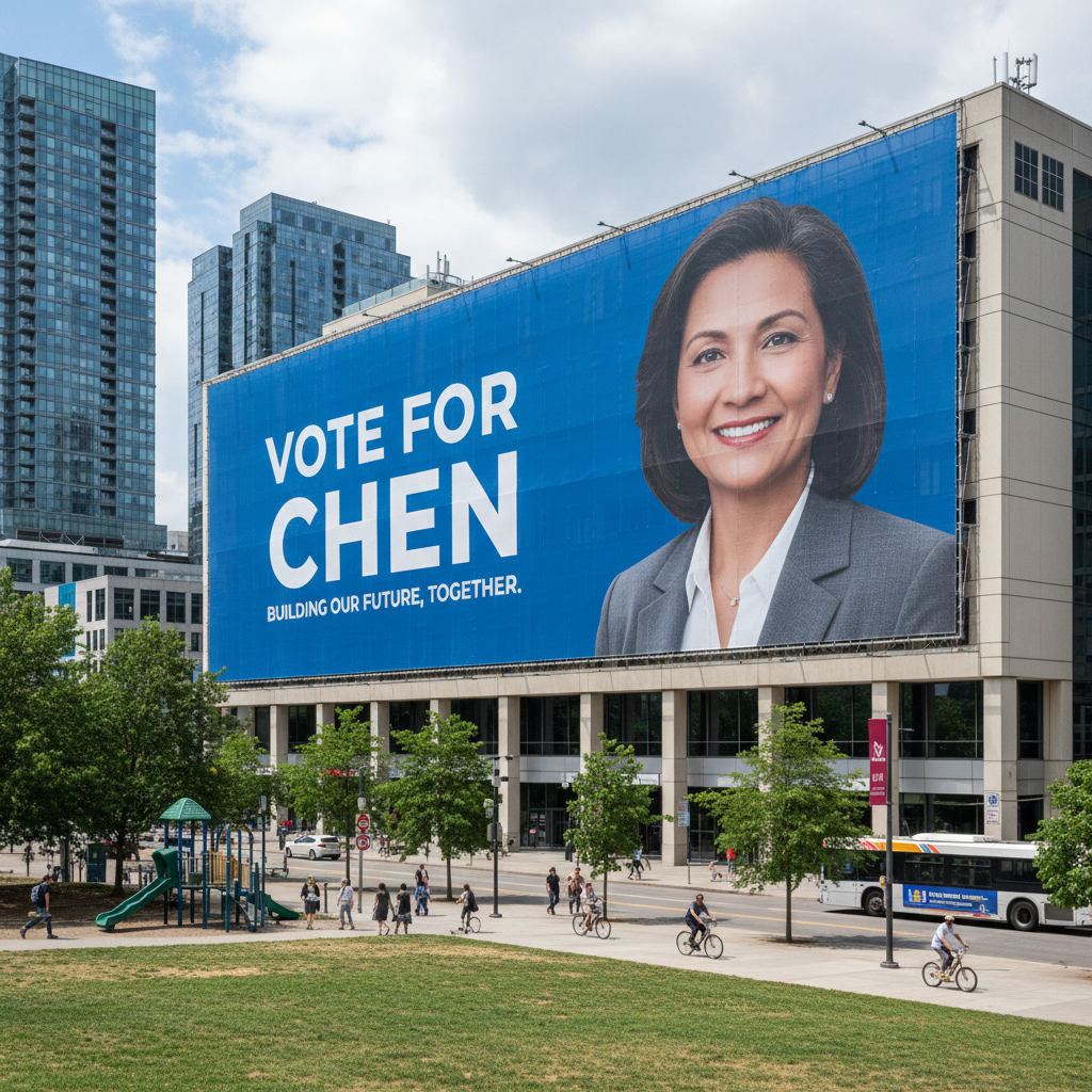 Large format political campaign hoarding with candidate portrait and party colors on roadside