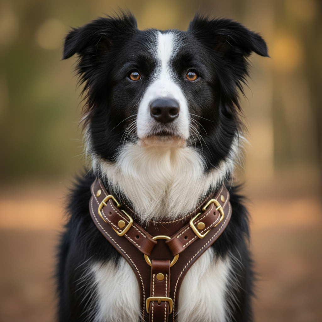 Close-up of brass buckle hardware on leather collar