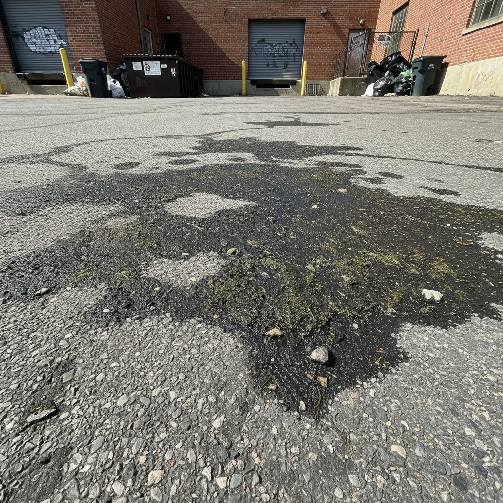 Oil-stained concrete driveway before degreasing treatment