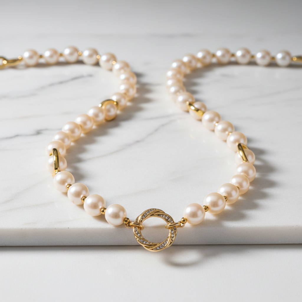 Elegant pearl charm bangle bracelet displayed on white marble surface, soft shadow, jewelry photography