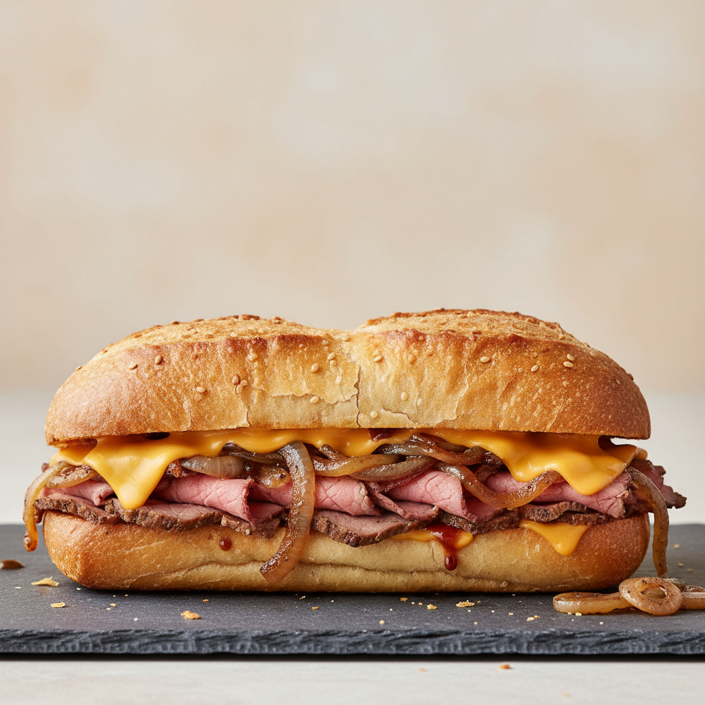 Philly Cheesesteak - Thinly sliced beef, provolone, sautéed peppers and onions on hoagie roll