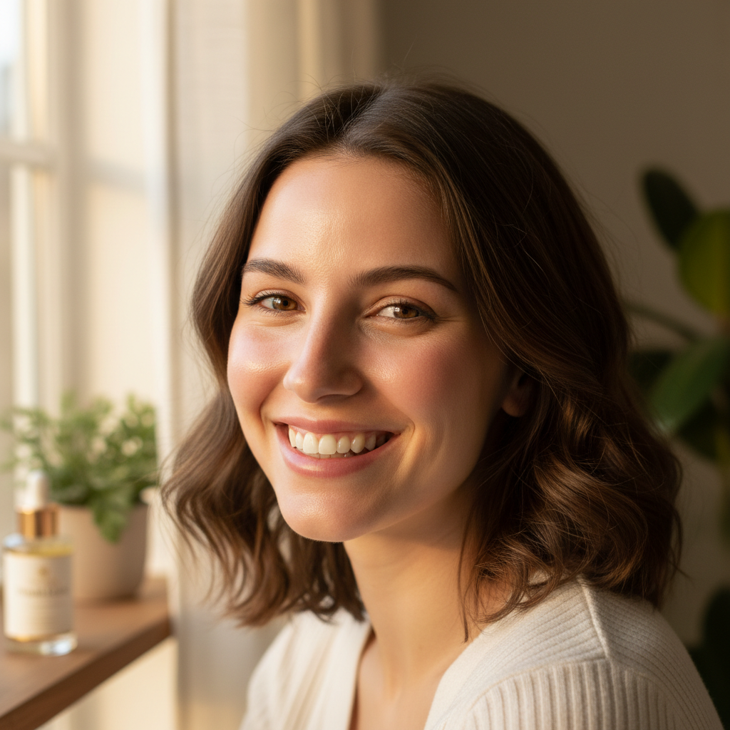 Young woman with clear glowing skin, warm natural light, confident serene expression, after skincare protocol