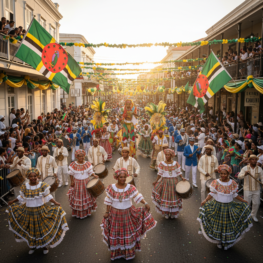 Independence Day parade with Dominica national flags and traditional cultural performances in Roseau