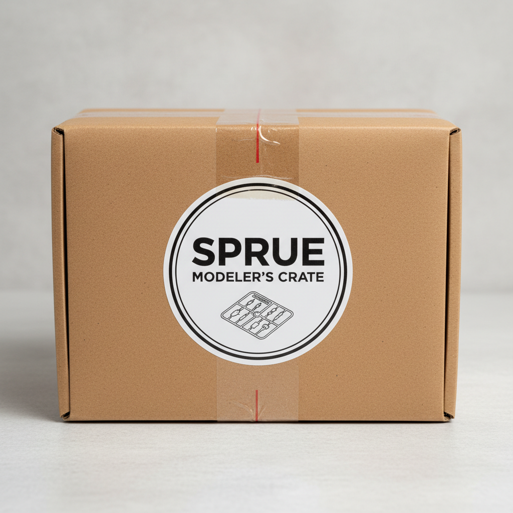 Sealed Sprue subscription box — brown kraft paper with branded sticker and packing tape
