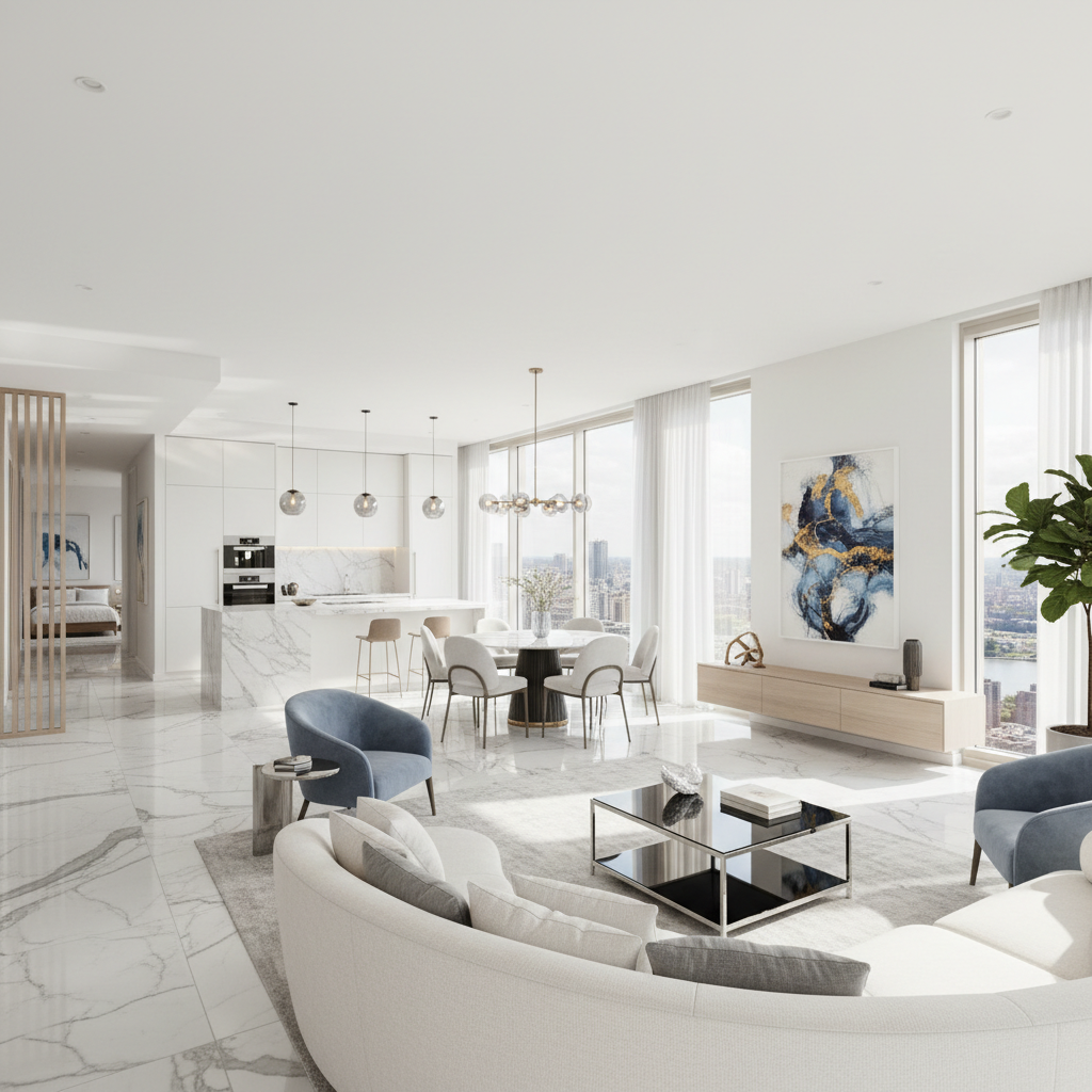 Modern luxury apartment interior with city views, bright natural light, premium Italian marble finishes