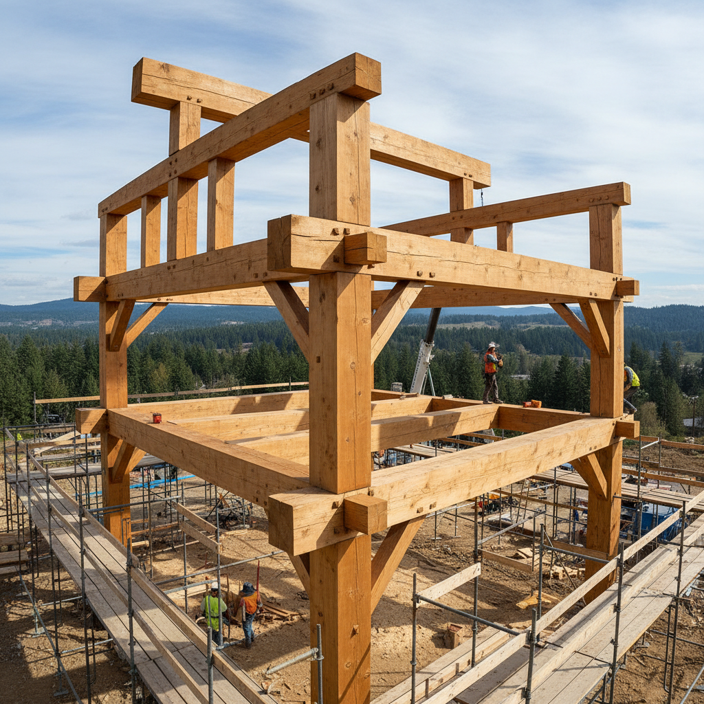 Wood framing construction with exposed lumber beams and floor joists in a large residential build