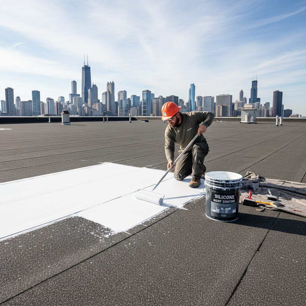 Professional roofer applying silicone coating on commercial rooftop, Chicago downtown visible in background, bright day