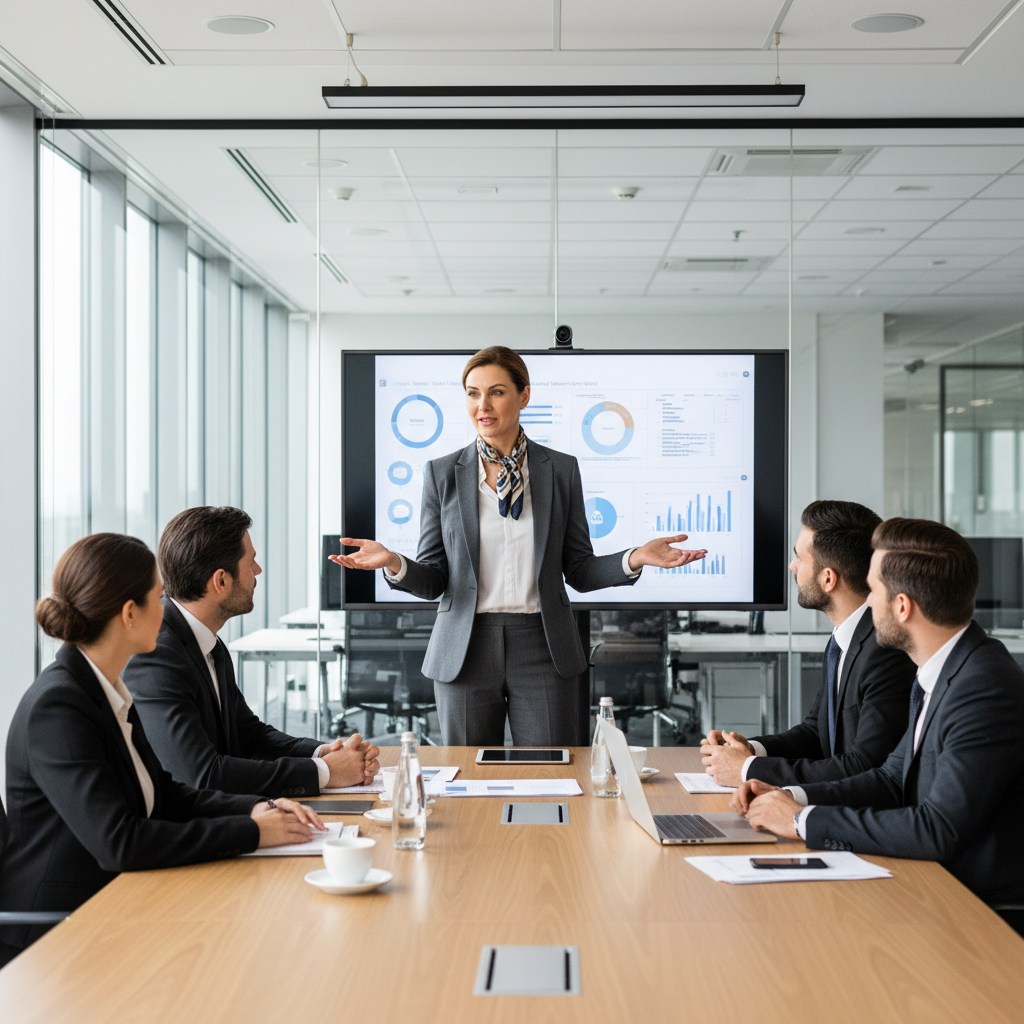 Professional interim executive manager in business suit leading strategic meeting with confident leadership presence and operational expertise