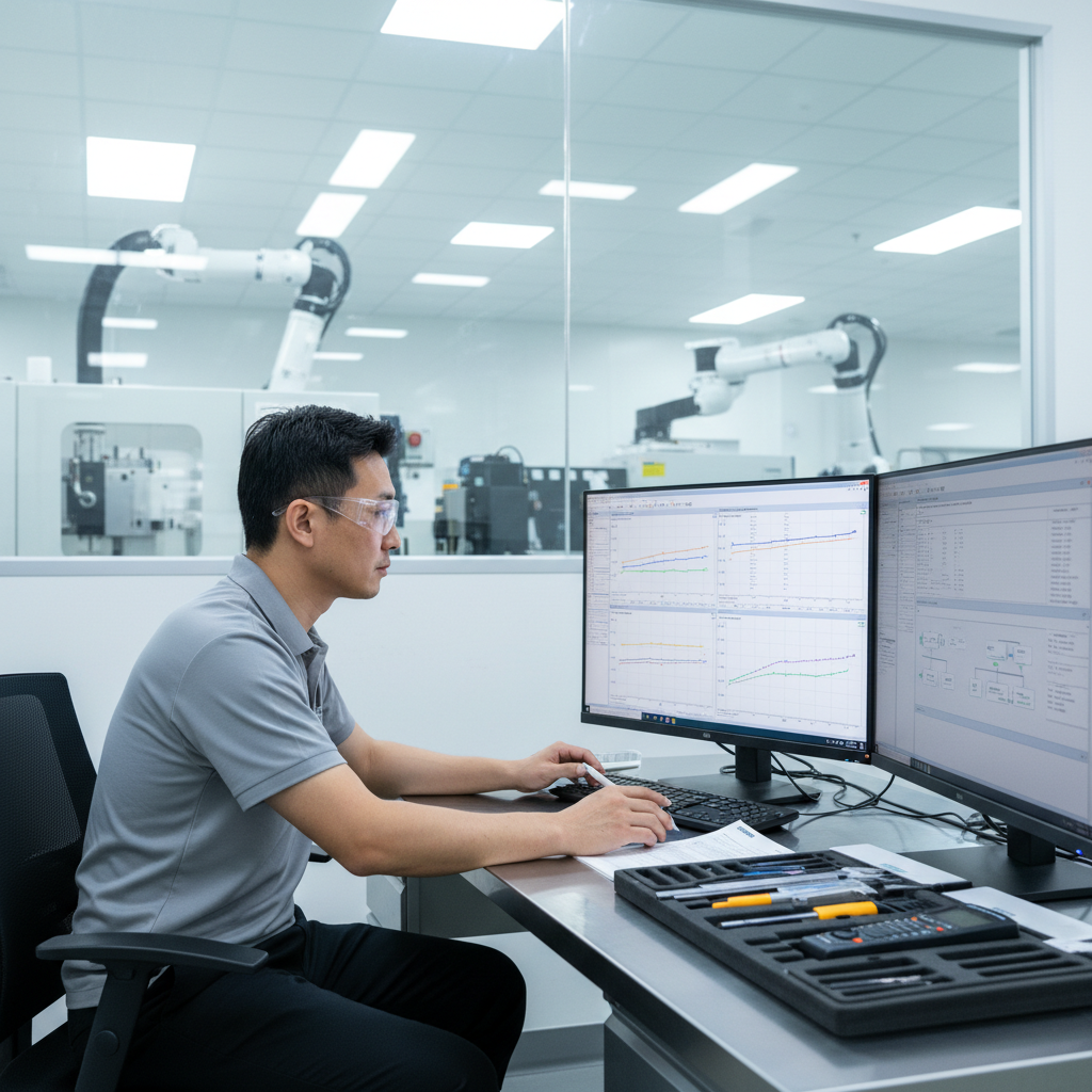 Engineer reviewing SPC control charts and quality documentation on monitor in precision manufacturing facility