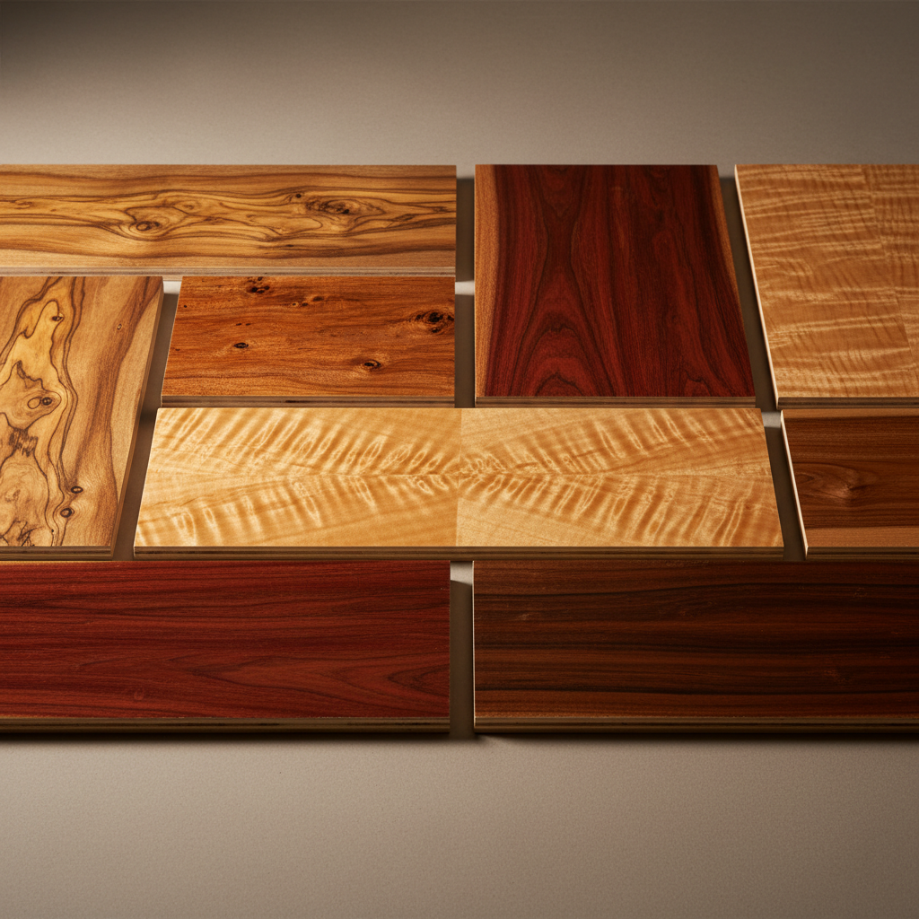 Colorful laminate and veneer sample sheets fanned out showing variety of wood grain and solid color finishes in bright studio