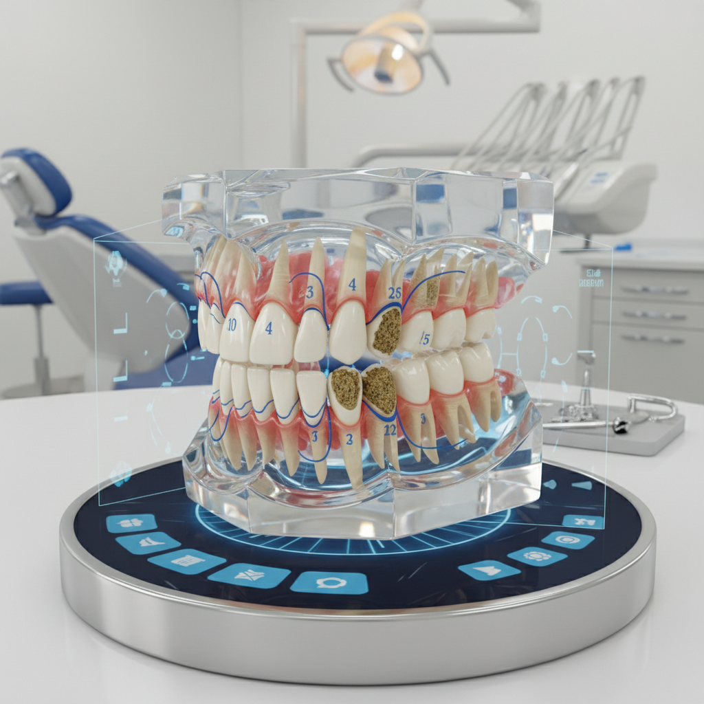 Dental model showing multiple missing teeth in different quadrants of the jaw