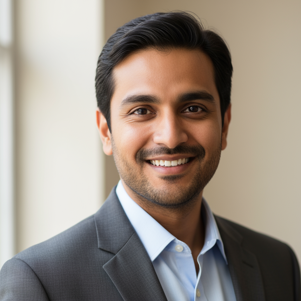 Indian man in formal attire, confident professional headshot, neutral background