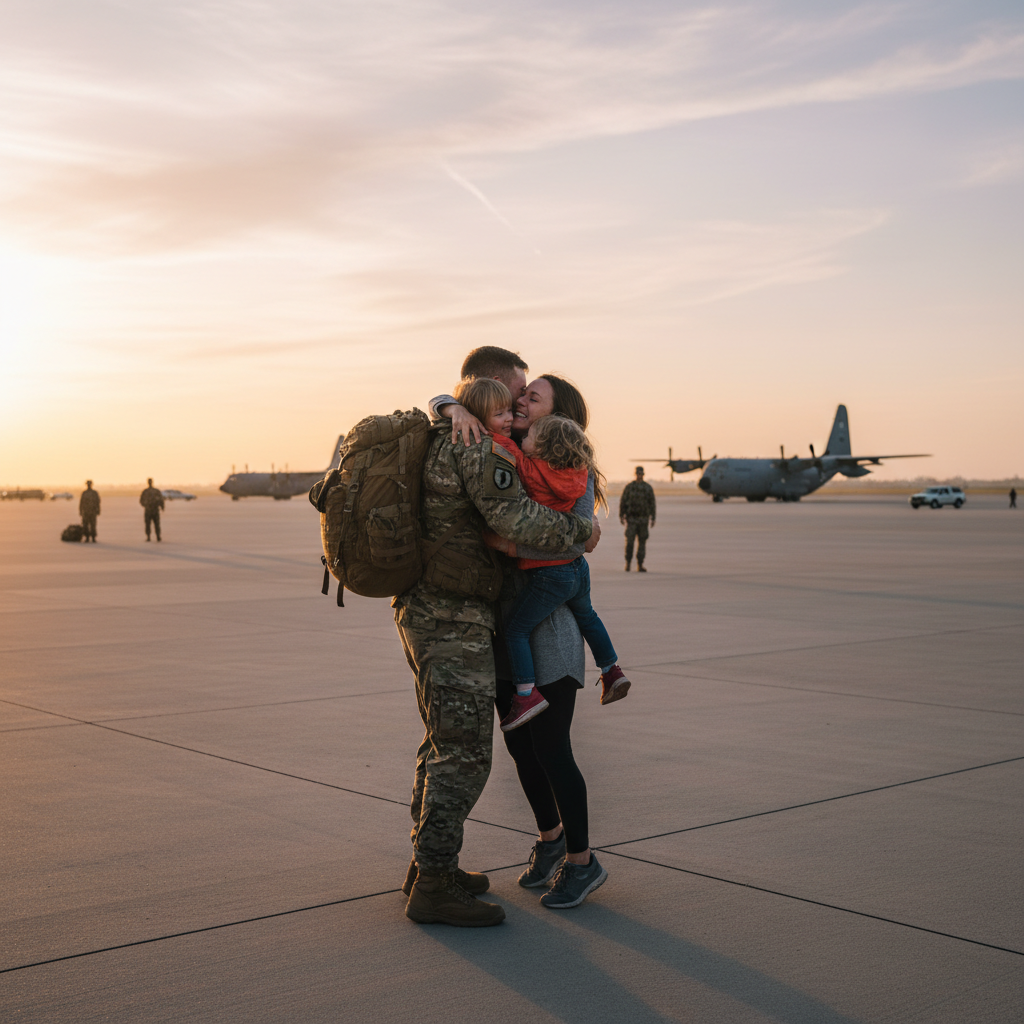 Emotional military homecoming reunion with family embracing on an airfield at dawn