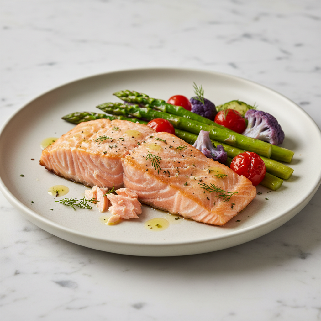 Soft-textured meal plate with salmon and vegetables for post-stroke nutrition