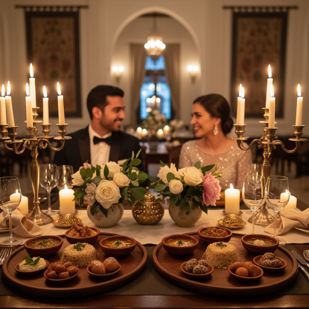 Intimate private tasting session table set with small portions of Qatari dishes, candles and fresh flowers, designed for wedding clients