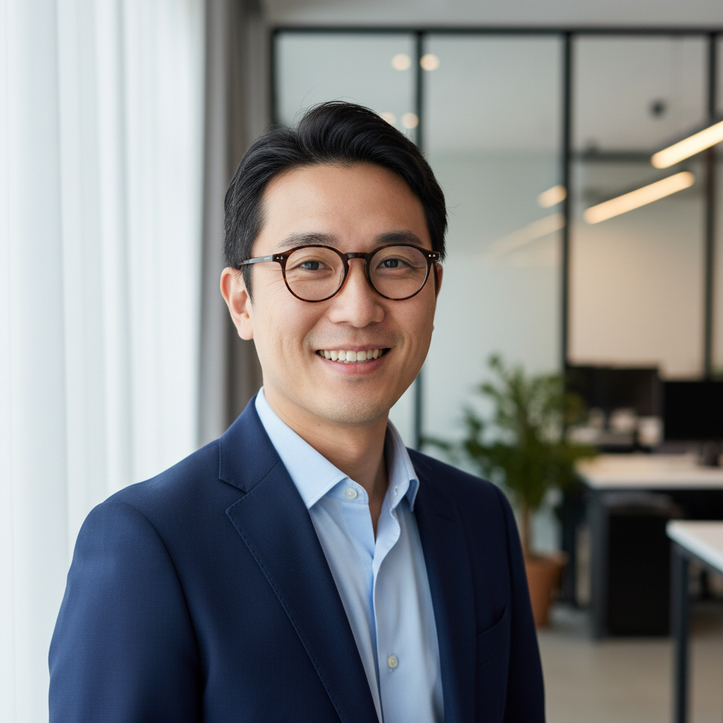 Man with glasses smiling in bright airy workspace with natural light