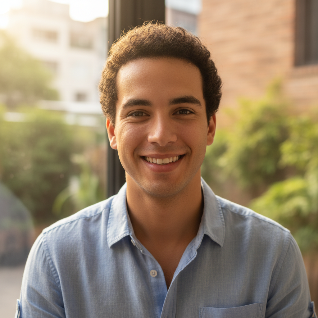 Young Brazilian man with dark hair and a relaxed smile, casual outdoor setting