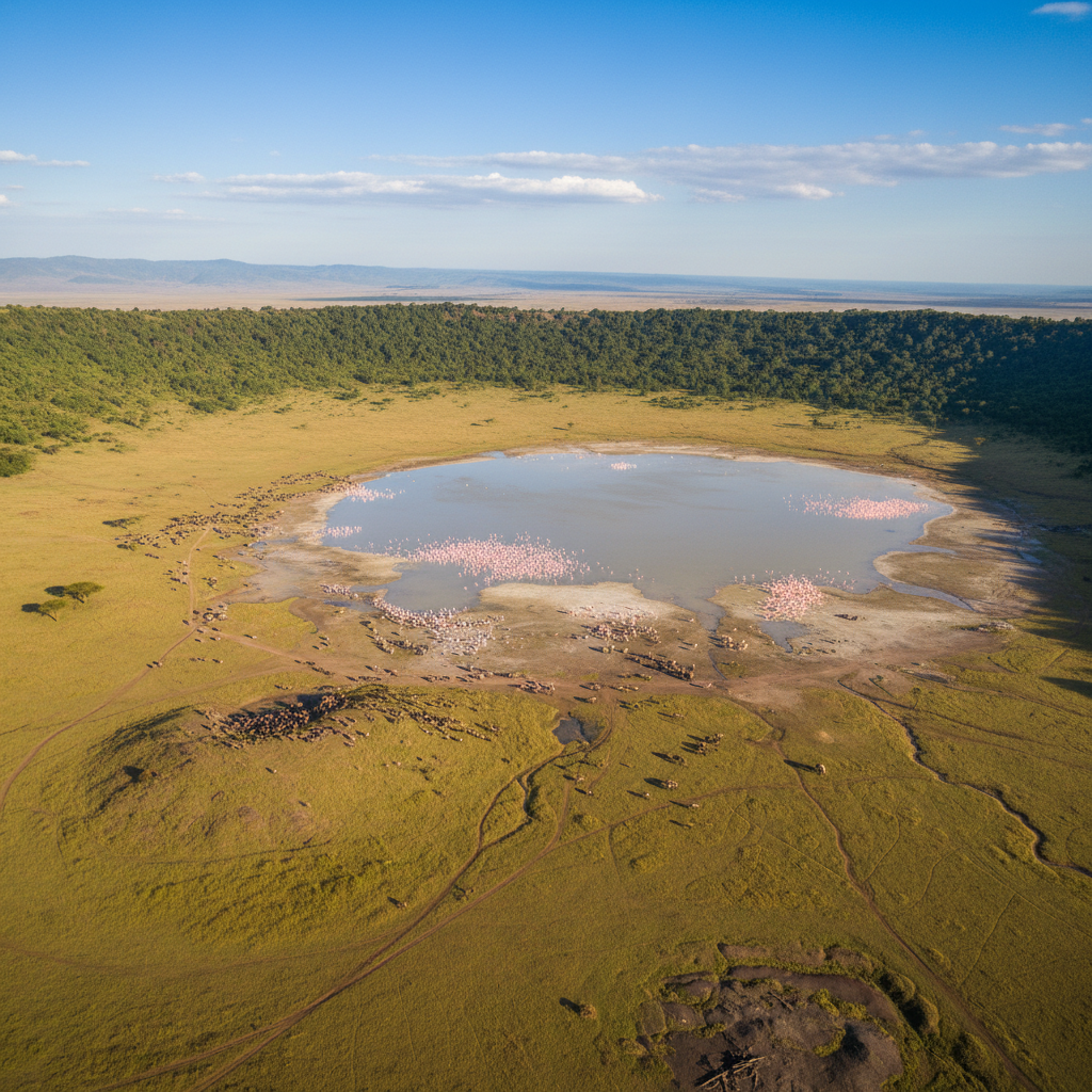 Aerial view of Ngorongoro Crater with wildlife grazing on crater floor