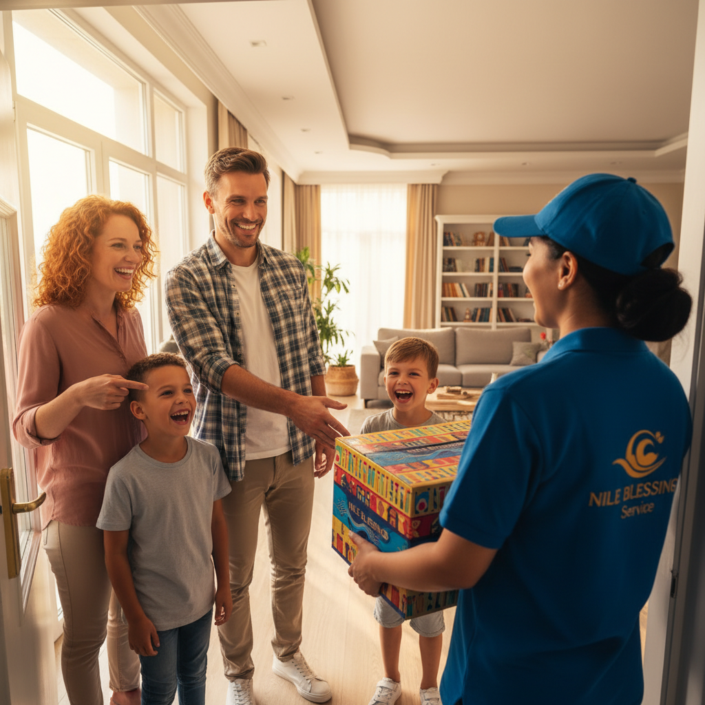 Happy family unboxing fresh grocery delivery at a bright home doorstep
