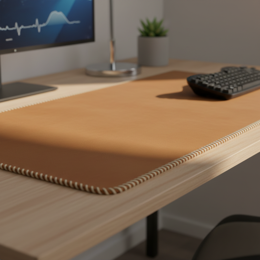 Premium tan leather desk mat on a bright clean wooden desk with minimal accessories