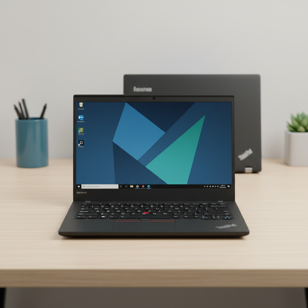Lenovo ThinkPad laptop open on wooden desk, warm ambient lighting