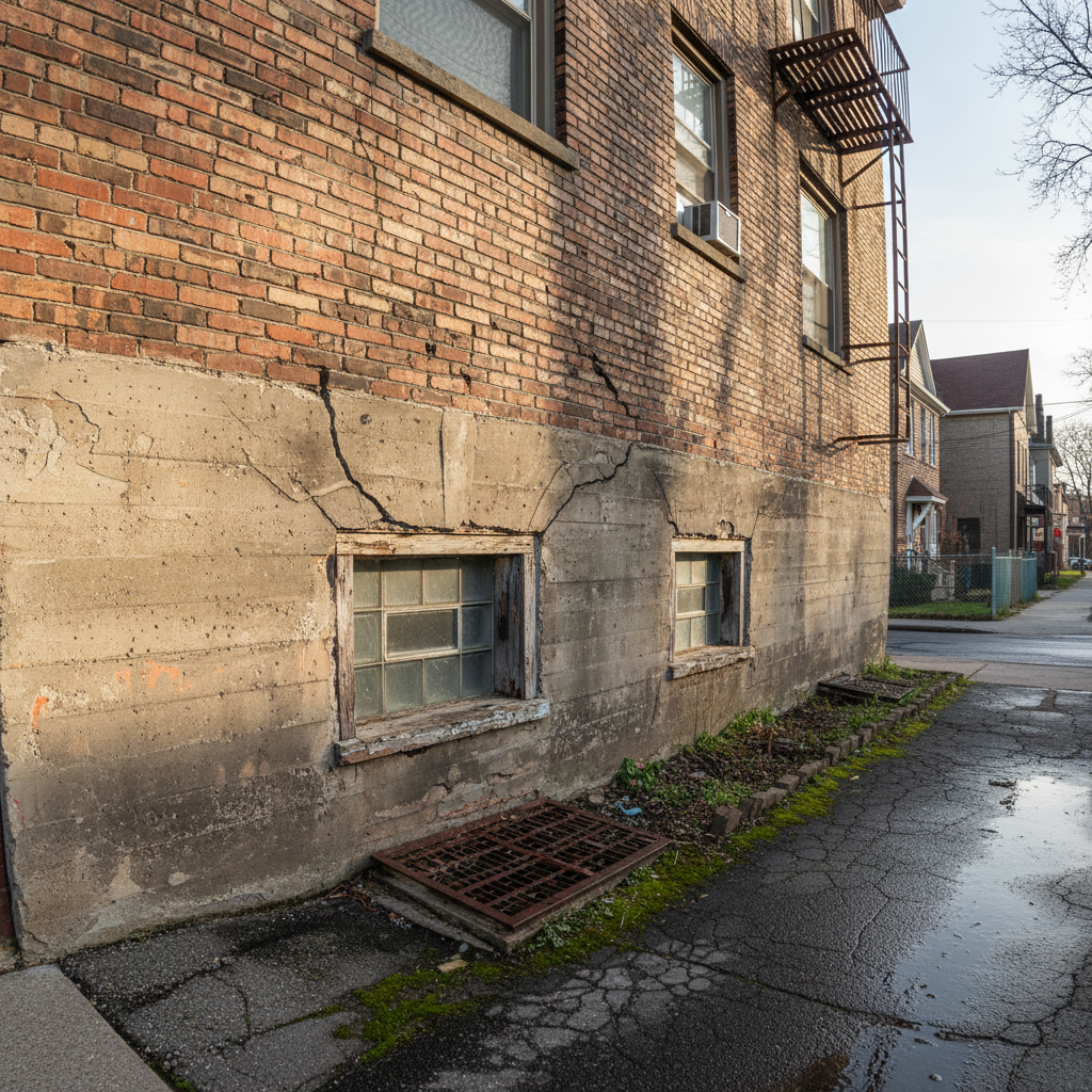 Parkdale apartment building exterior showing basement windows and foundation — common entry points for rodents and insects in multi-unit buildings