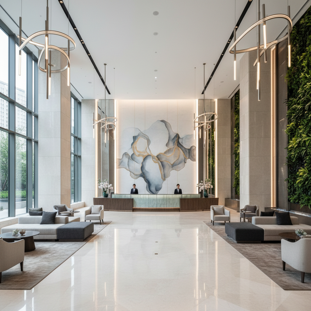 Completed luxury corporate lobby with marble floors, reception desk, and modern lighting