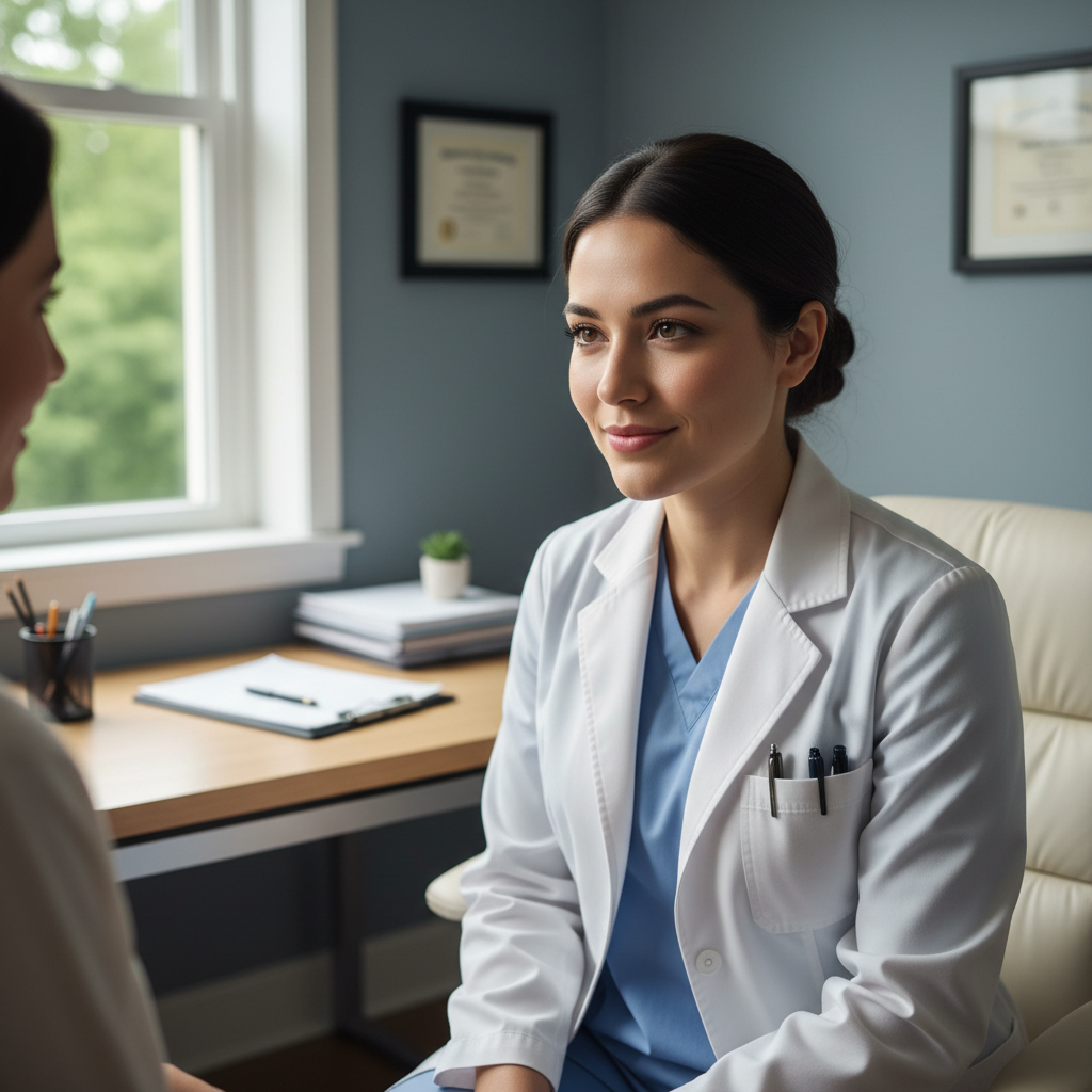 Medical consultation scene, patient and doctor in discussion, warm professional atmosphere, trust and care