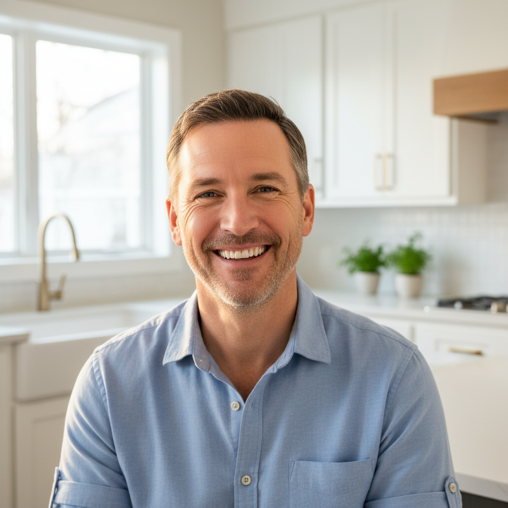 Happy homeowner smiling in their beautifully renovated kitchen with new countertops and fresh white cabinets