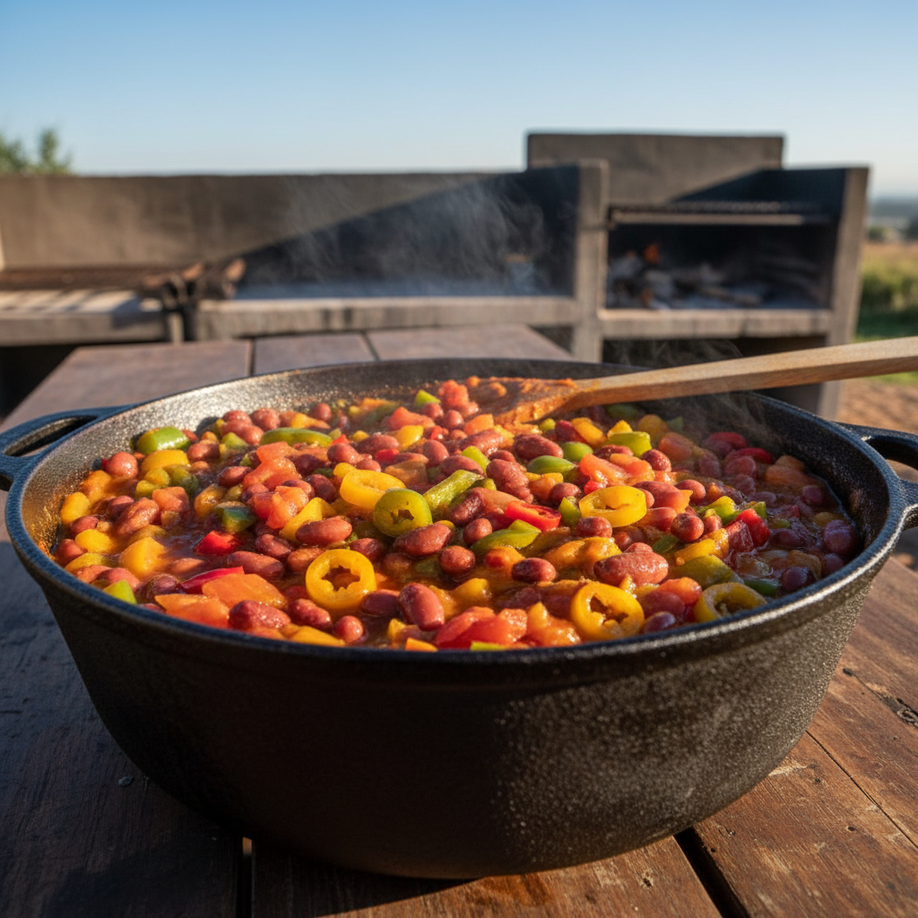 Colourful spiced chakalaka relish in glass jar on dark wooden surface warm ambient light