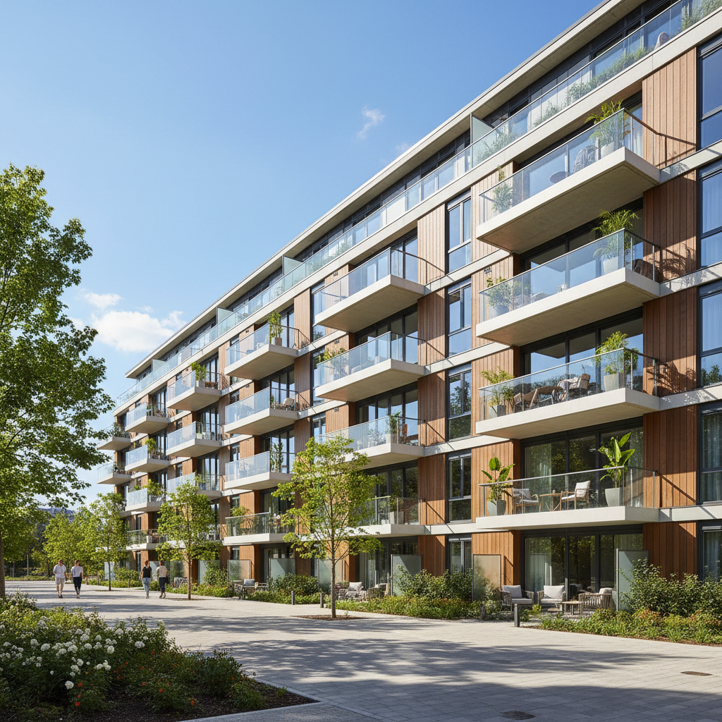 Multi-unit residential building with modern design and landscaped grounds