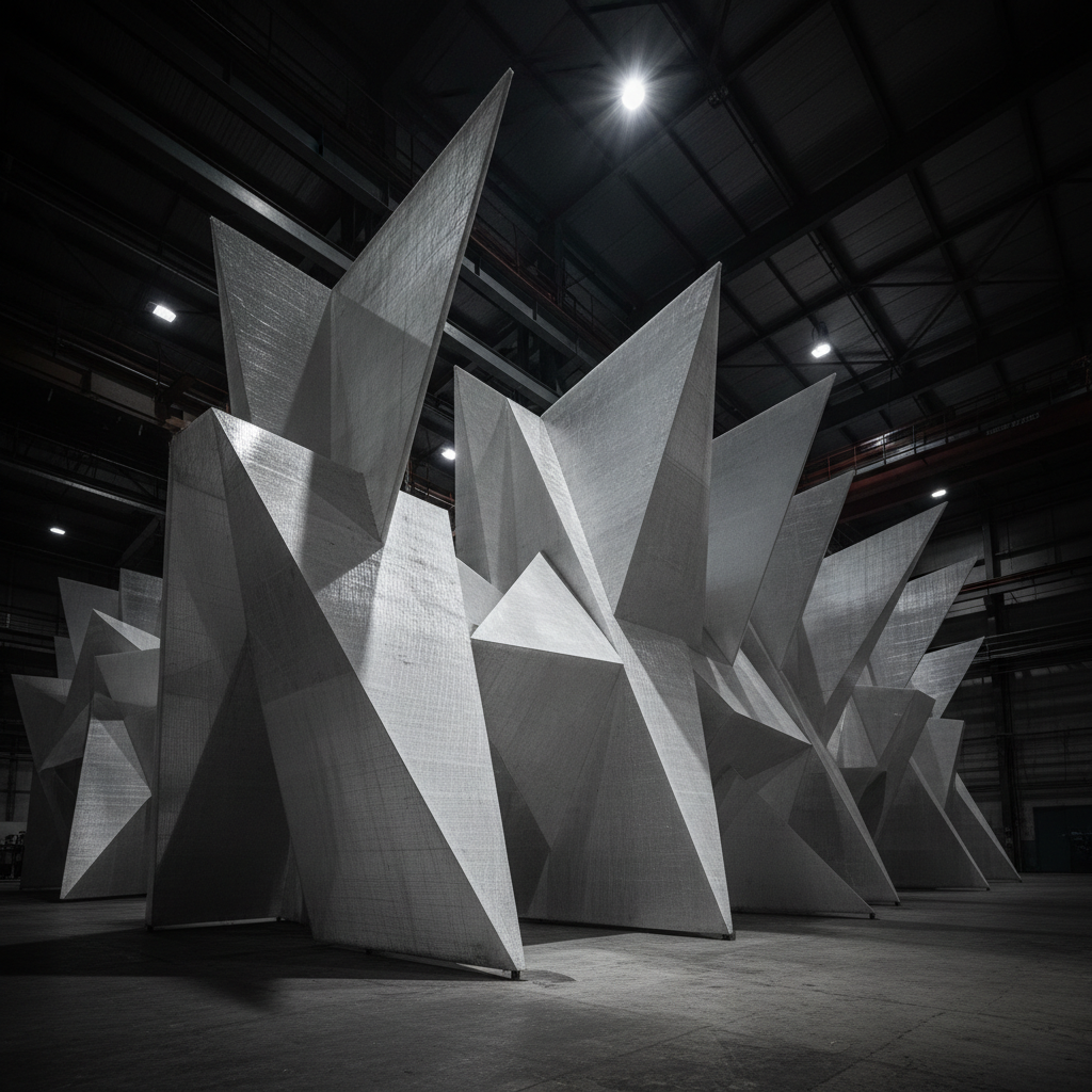 Industrial fiberglass panel system in large manufacturing environment, abstract geometric forms, dramatic low-key industrial lighting