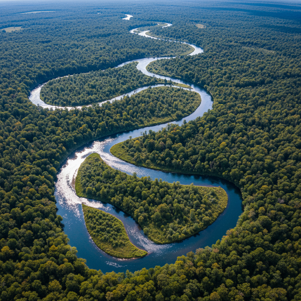 Aerial view of river system threading through protected wilderness with unbroken forest canopy