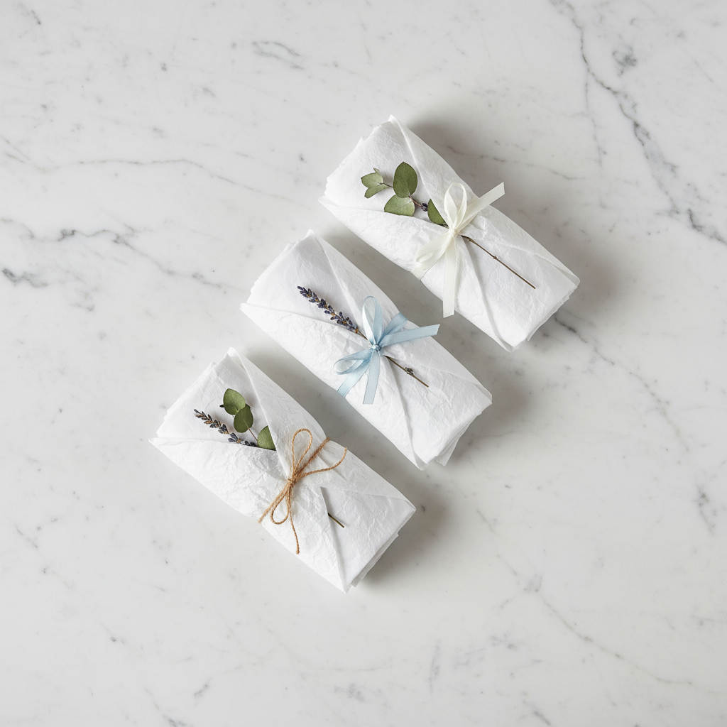 Flat-lay of three neatly wrapped laundry bundles in tissue paper on a marble countertop