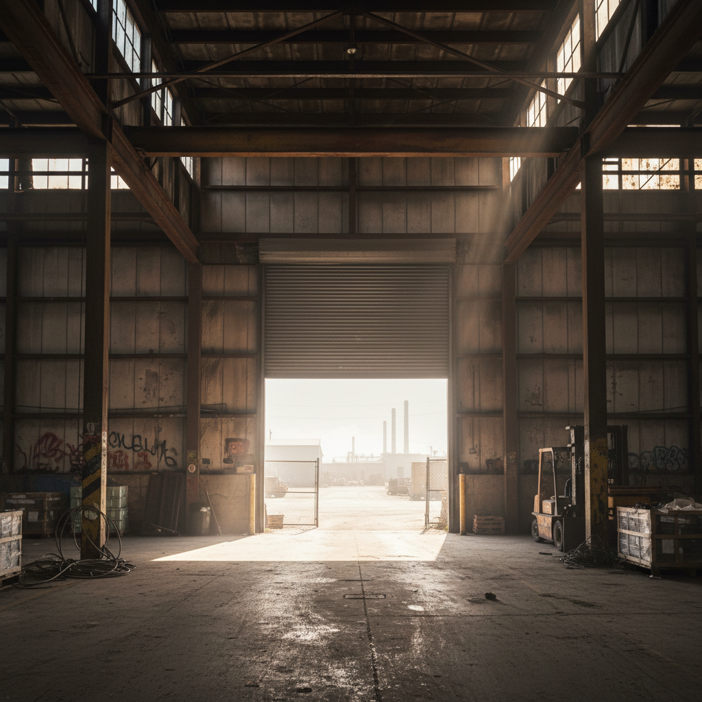 Industrial warehouse interior with large metal roller shutter door partially open, dramatic lighting