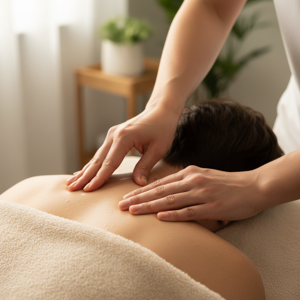 Hands massaging a clients neck and upper shoulders with precision