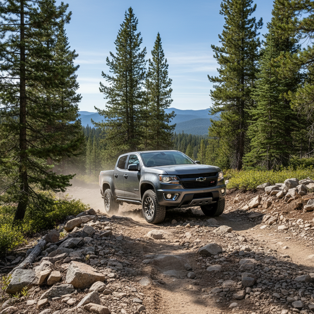 Gray Chevrolet Colorado midsize truck on rocky trail with pine trees
