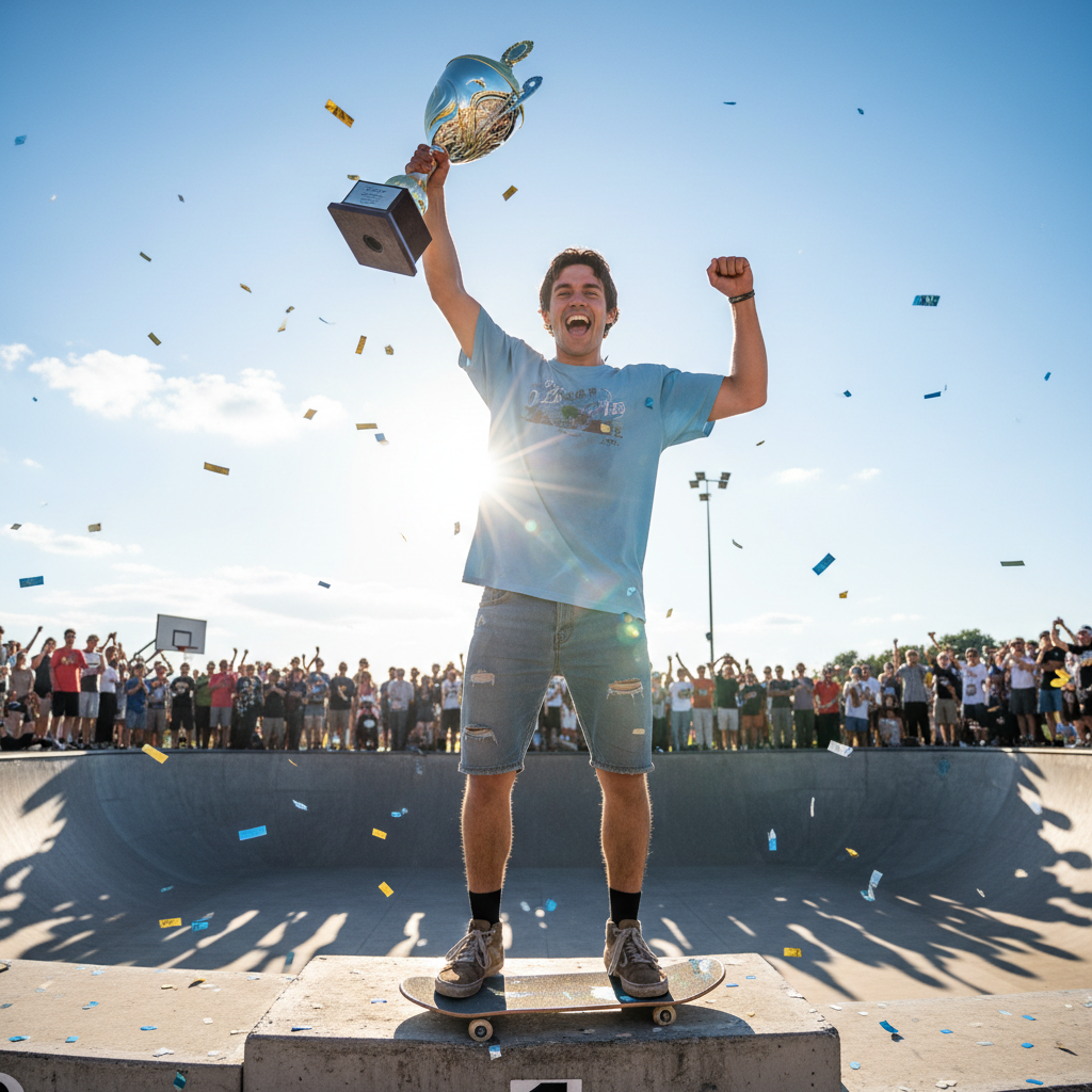 Skateboarder holding up a trophy on the podium after winning a competition