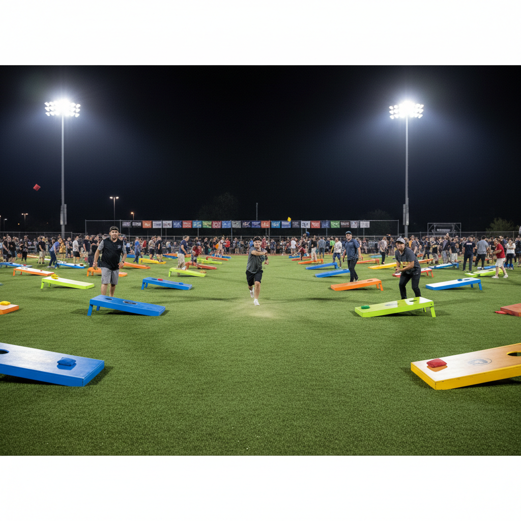 Cornhole tournament with players competing on multiple boards under bright lights