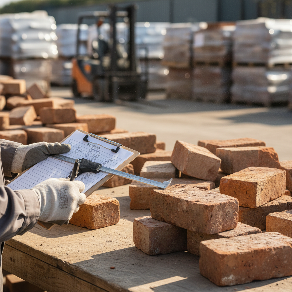 Quality control inspector measuring brick dimensions and marking grades on a clipboard at a reclamation yard