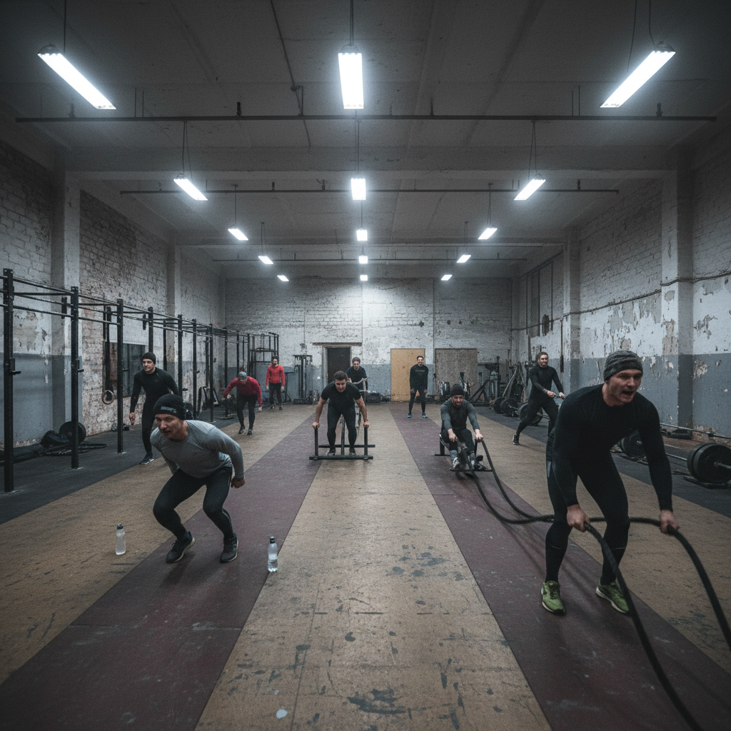 Athletes training in indoor hall under harsh fluorescent lights, gritty winter base training